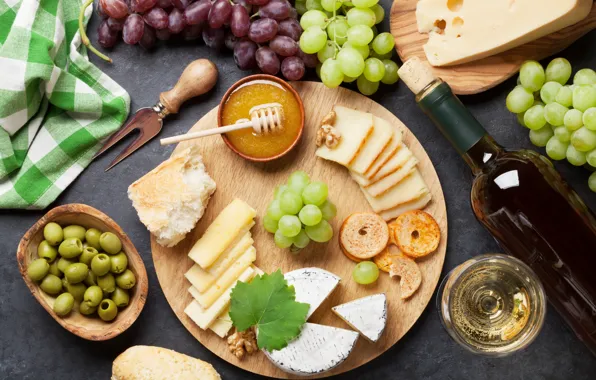 Wine, Apple, cheese, honey, grapes, Board