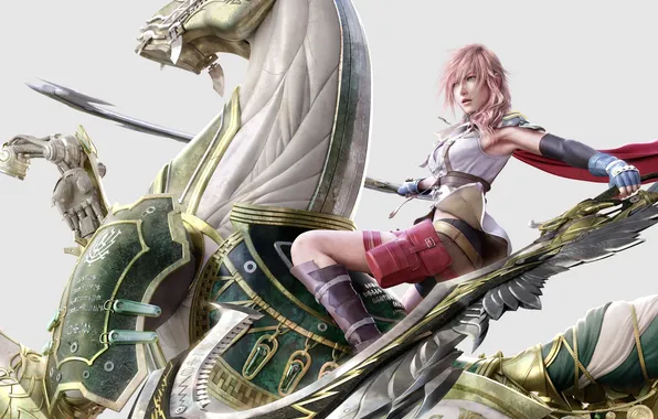 Picture girl, horse, sword, art, armor, final fantasy, lightning farron, odin