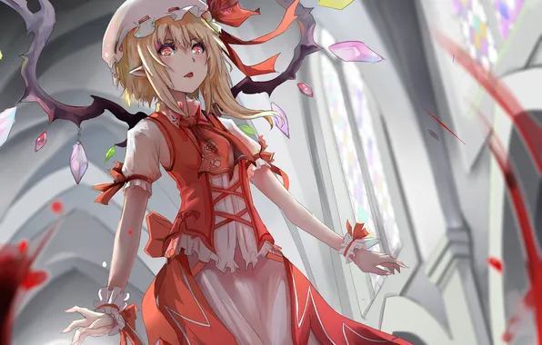 Girl, art, crystals, touhou, flandre scarlet, wings. cap, kabaneneko