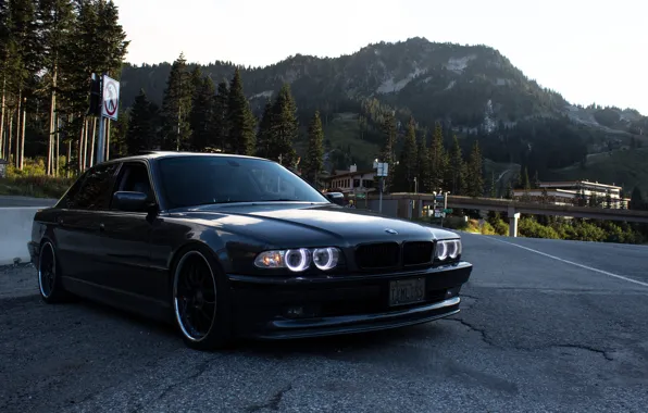 Picture road, mountains, tuning, bmw, BMW, e38, BBS, stance