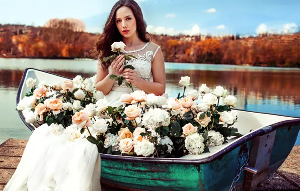 Girl, flowers, nature, lake, boat, roses, dress