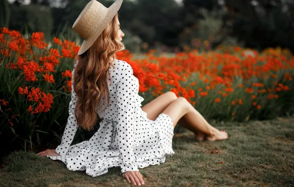 Picture flowers, Girl, hat, dress, sitting