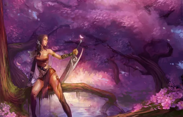 Picture water, girl, trees, fantasy, weapons, butterfly, sword