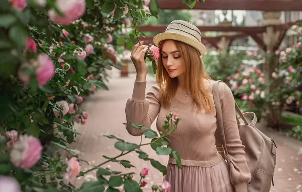 Picture girl, flowers, mood, roses, hat, red, redhead, the bushes