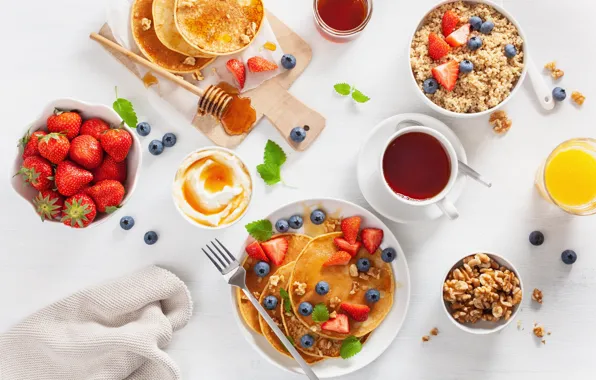 Berries, tea, Breakfast, blueberries, strawberry, juice, pancakes