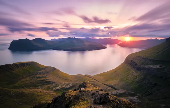 The sun, clouds, sunset, mountains, fog, rocks, view, island