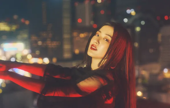 Summer, look, girl, the city, lights, pose, model, the evening