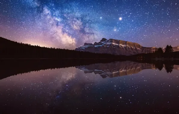 Picture the sky, water, stars, reflection, night, mountain, the milky way