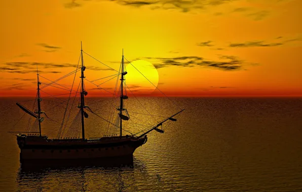Sea, the sun, dawn, ship, sailboat