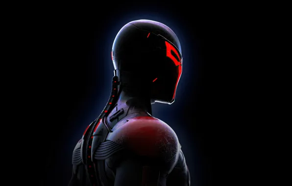 The dark background, mask, costume, spider man 2099, Miguel O'Hara, Miguel O'hara, red light, spider-man …