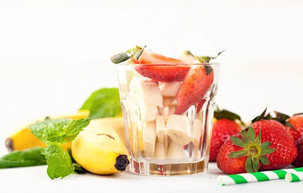 Glass, strawberry, banana, mint