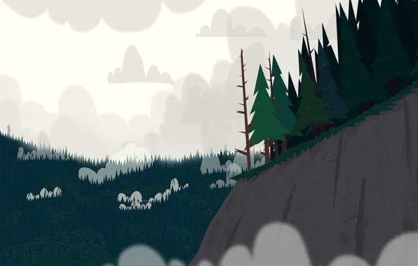 Fog, Open, Forest, Landscape, Art, Slope, Trees, Cartoon