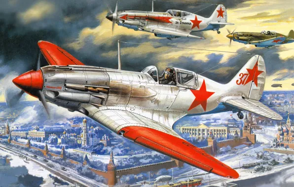 Winter, the sky, war, fighter, Moscow, The Kremlin, Art, The MiG-3