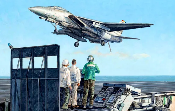 Picture figure, art, deck, the plane, the rise, fighter-bomber, us aircraft carrier, staff