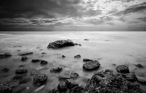 Sea, the sky, landscape, nature, stones, background, Wallpaper, b/W