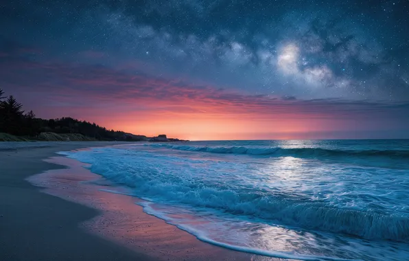Sea, forest, beach, the sky, stars, clouds, landscape, sunset