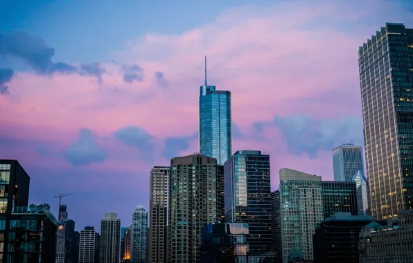 City, USA, Chicago, Illinois, twilight, sky, sunset, skyscraper