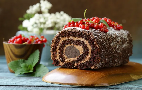 Berries, cream, dessert, currants, sweet, chocolate, vanilla, roll