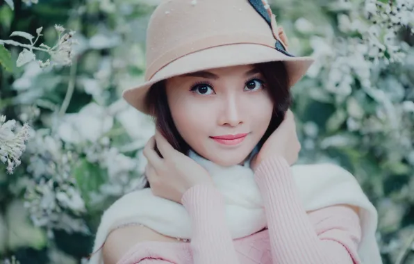 Picture look, girl, flowers, portrait, scarf, hat, Asian, cutie