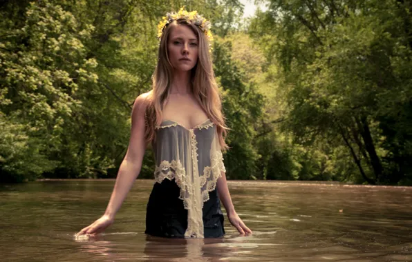 Girl, river, wreath