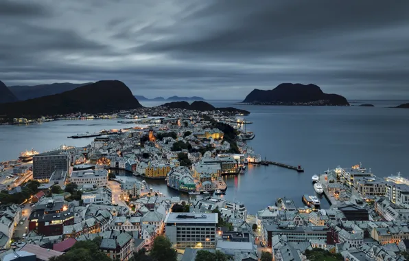 Picture the city, home, the evening, lighting, Norway, the fjord, Alesund, Eduard Gorobets