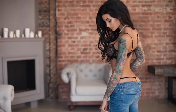 Picture girl, bra, young, model, pretty, tattoo, jeans, brunette