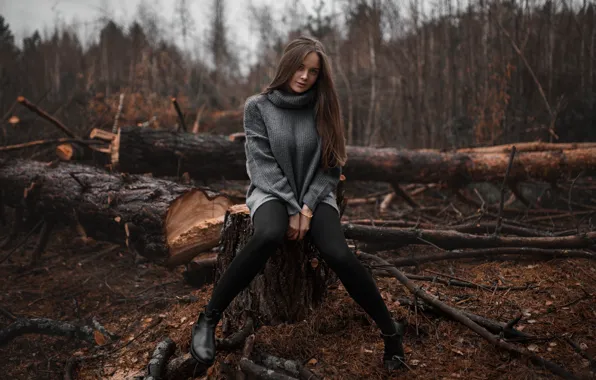 Autumn, the sky, girl, clouds, trees, sitting, Ilya Baranov, Julia Biryukova