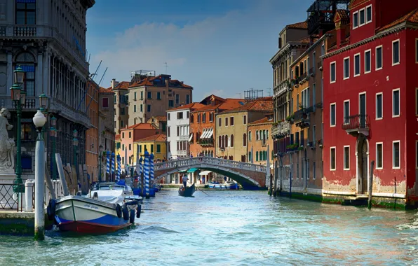 Bridge, the city, home, lights, Italy, Venice, channel, statue