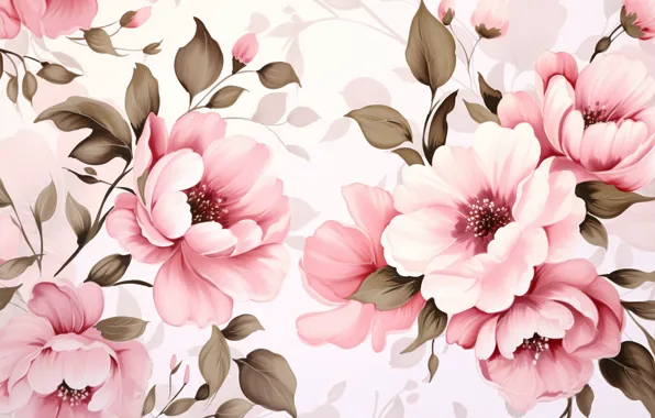Leaves, flowers, texture, spring, white background, pink, peonies, peony