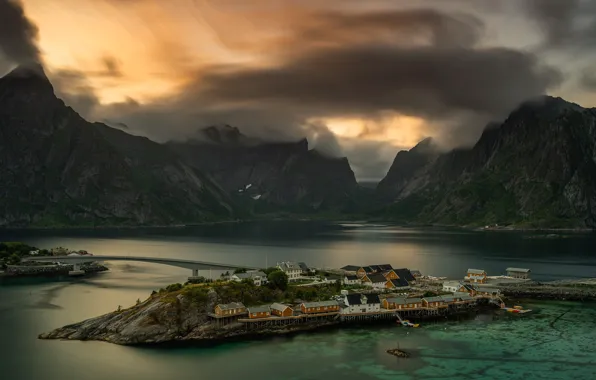 Picture sea, landscape, mountains, clouds, nature, rocks, home, Norway