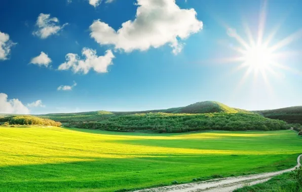 Road, field, forest, the sun, mountains, clouds