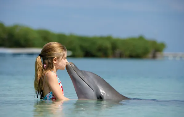 Dolphin, the ocean, friendship, child, girl, Bahamas, Paradise Island