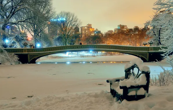 Winter, snow, trees, bench, night, bridge, lights, pond