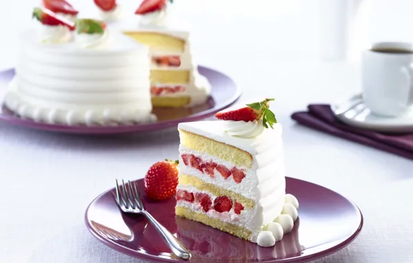 Picture strawberry, plate, cream, dessert, Cake