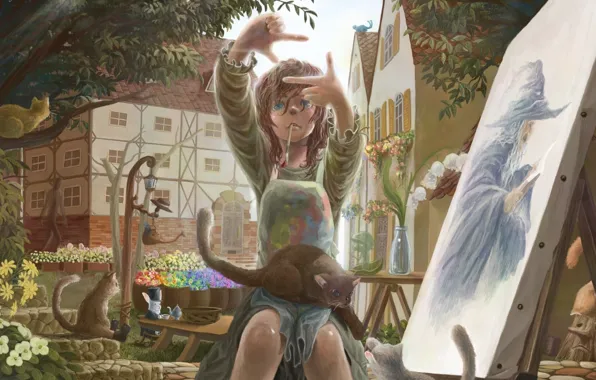 Cat, summer, figure, yard, children's. girl, art