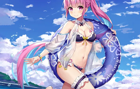 Girl, sexy, cleavage, beach, pink hair, long hair, sea, boobs