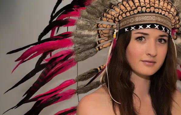 Look, girl, face, feathers, headdress