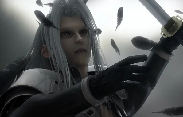Sword, feathers, grey hair, Sephiroth, Final Fantasy VII