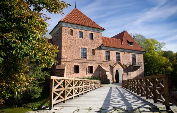 Trees, bridge, nature, castle, Poland, railings, architecture, brick
