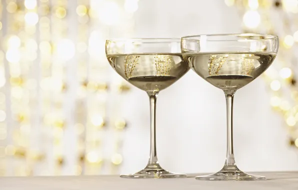 Gold, New Year, glasses, Christmas, champagne, Christmas, holidays, bokeh