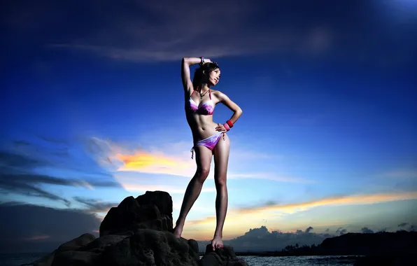 Swimsuit, landscape, sunset, Japanese, Asian, Basica