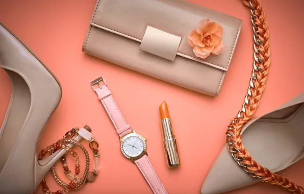 Watch, lipstick, shoes, bracelet, fashion, fashion, accessory, clutch