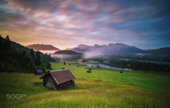 Picture forest, the sky, mountains, fog, houses, meadows