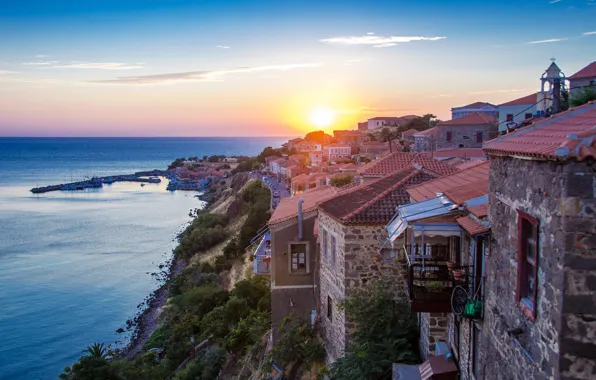 Sea, sunset, coast, home, Greece, town, Mithymna, Molivos