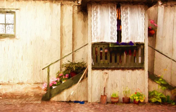 Summer, flowers, house, window, curtains, balcony, painting, pots