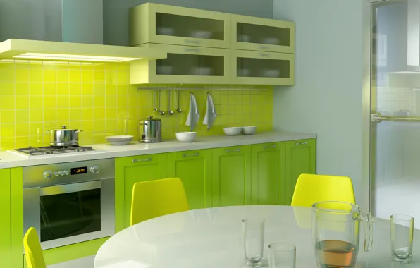 Yellow, bright, design, green, style, table, room, chairs