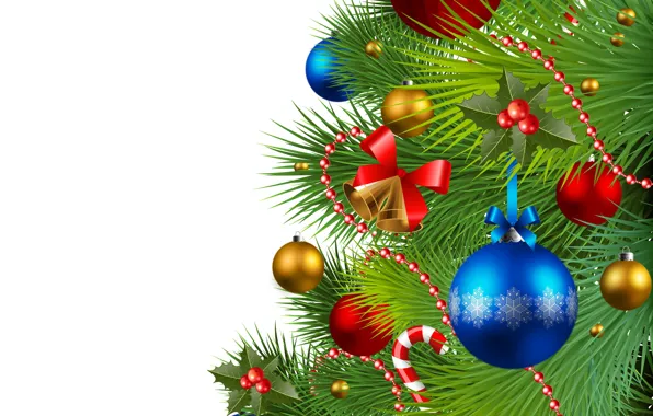 Decoration, branches, balls, toys, new year, vector, white background, tree