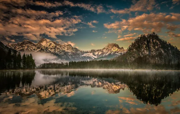 Forest, mountains, lake, reflection, Austria, Alps, Austria, Alps