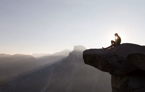 Loneliness, sky, landscape, nature, figure, mountains, rocks, sun