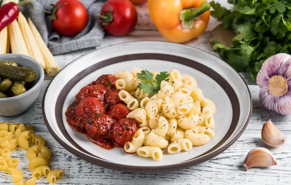 Pepper, cucumbers, garlic, pasta, meatballs